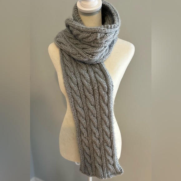 Hand knit scarf in an 3 cable pattern. Soft in a gorgeous gray/blue. 66” x 6” - Picture 2 of 5